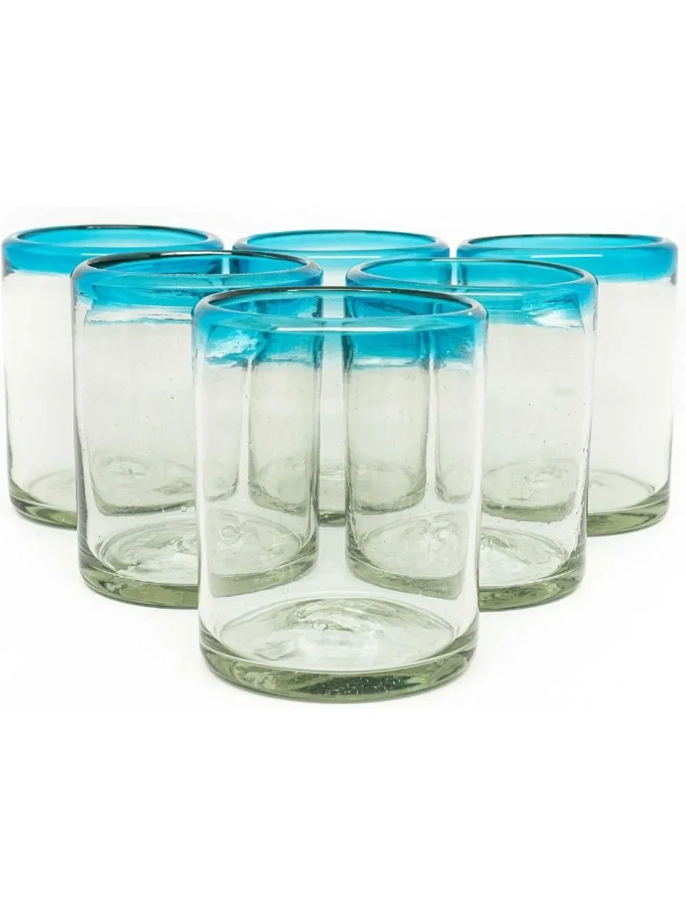 Rustic Hand-Blown Aquamarine Rim Tumblers - Set of 6 Recycled Bubble Glasses